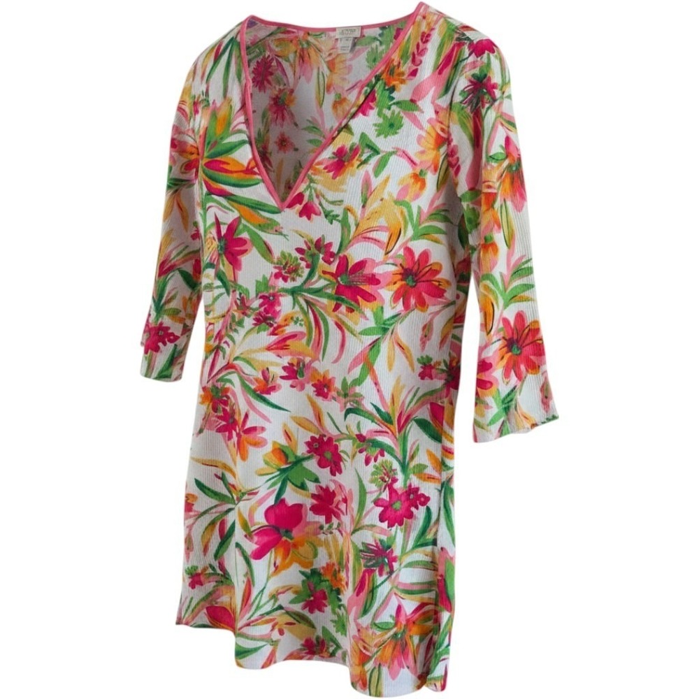 J.Crew Womens Tropical Floral Crinkle Gauze‎ V-Neck Tunic Top Pink Green XXS